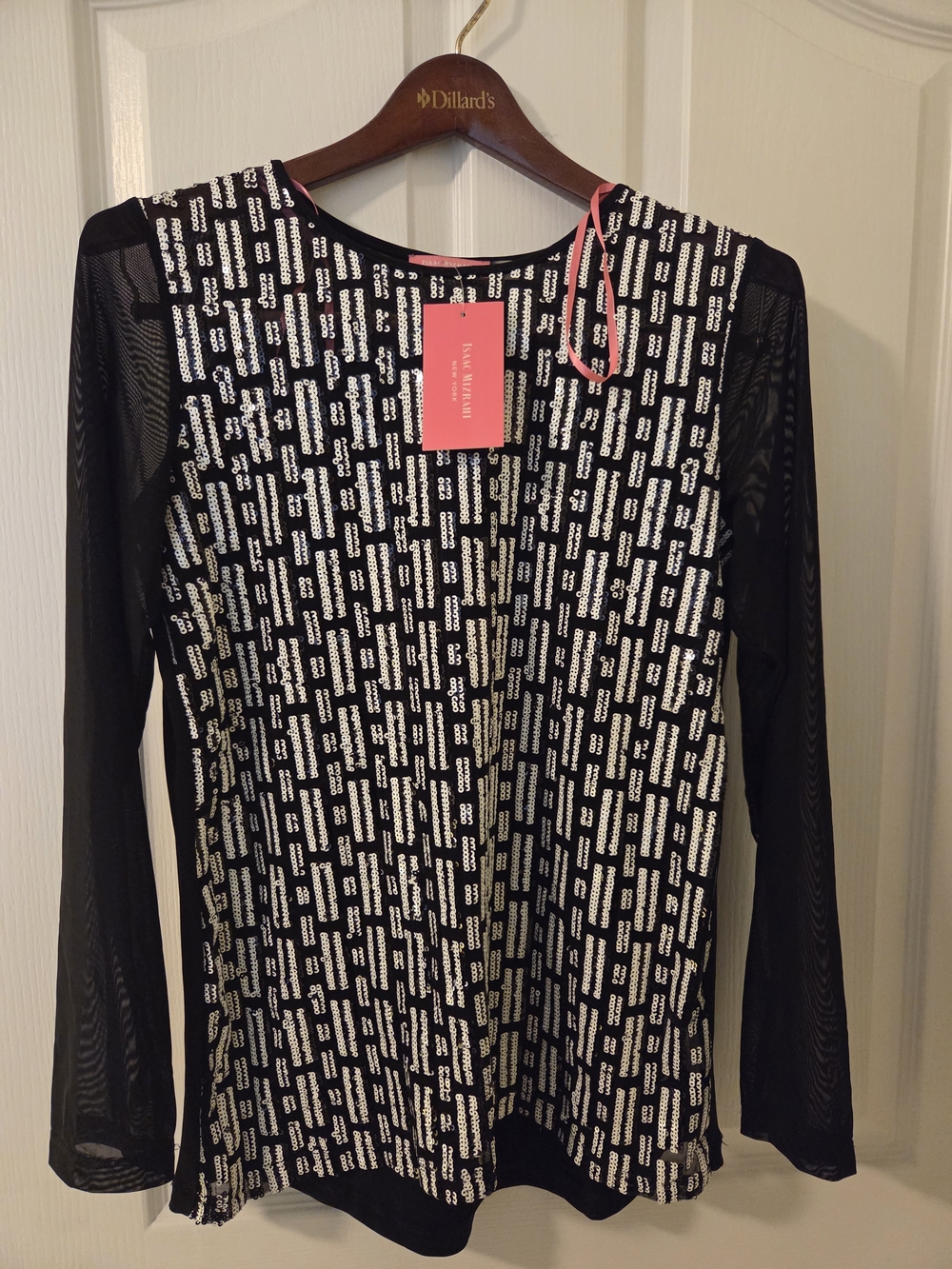 Isaac Mizrahi Black Top with Silver Sequin Stripes